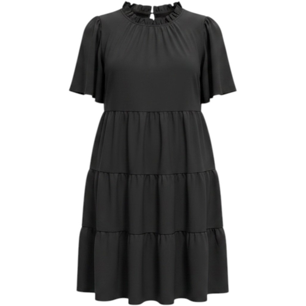 Black Tiered Babydoll Dress Short Flutter Sleeve Ruffle Neck Tie Back Mini